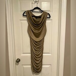 Express Gold Metallic Ruched Dress Cowl Neck Sleeveless Bodycon Cocktail Party